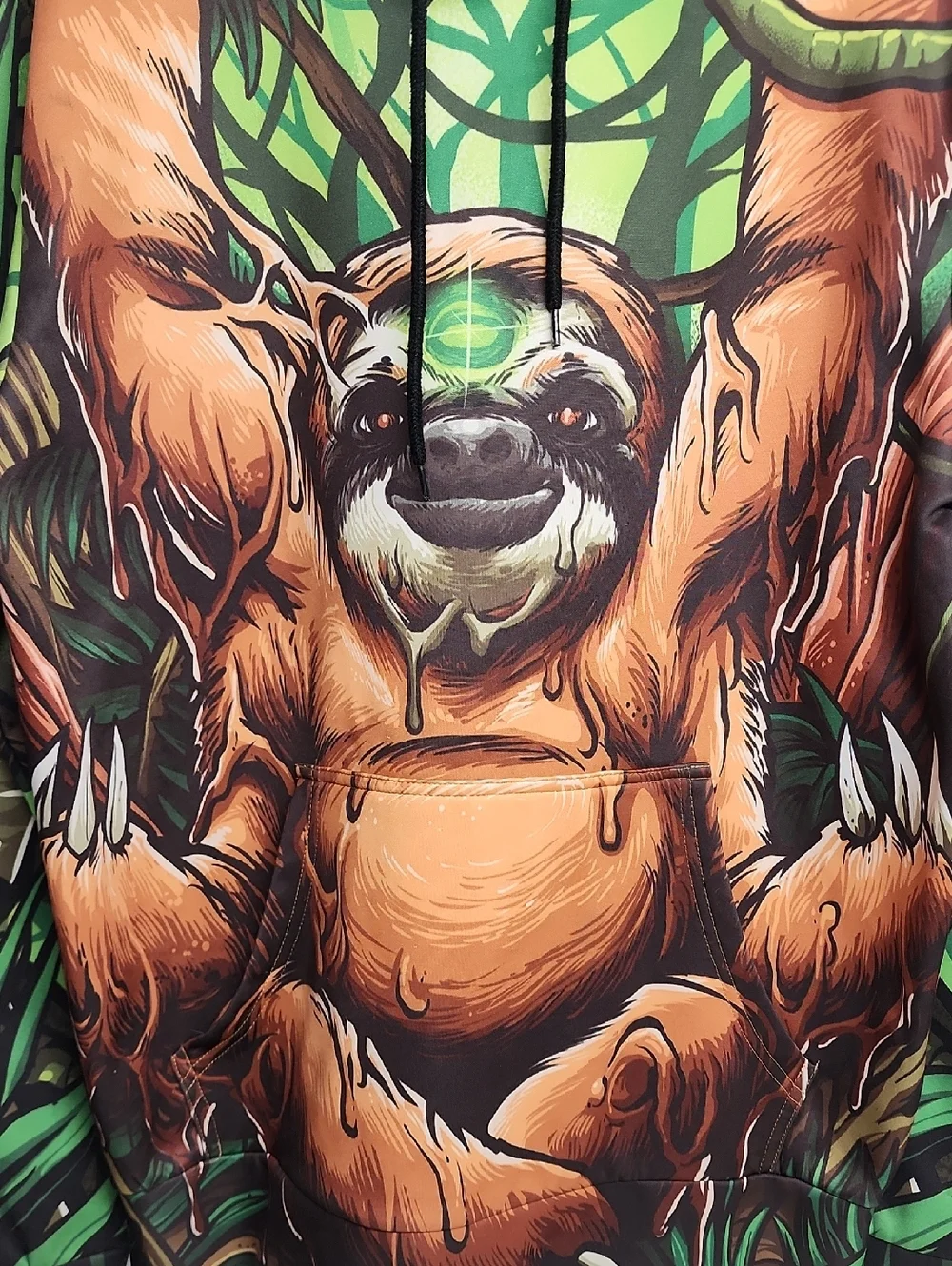 Waz Shop Visionary Art & Apparel Graphic Sloth Hoodie in Green & Orange Size M